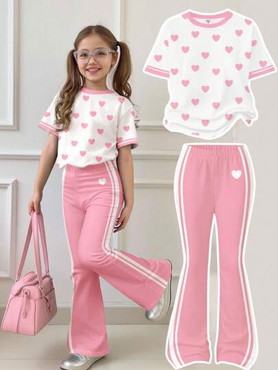 2pcs/Set Tween Girls Casual Cute Heart Print Loose Fit Round Neck Short Sleeve T-Shirt And Flare Pants, Suitable For Spring/Summer Daily Wear, Street Style, Outings, Home, Vacation