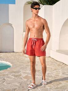Manfinity VDAYZ Men's Elastic Waist Casual Drawstring Pocket Loose Beach Pants Men's Beachwear Men's Red Swim Shorts 5 Inch Inseam Swim Trunks Swimming Shorts For Men Red Swim Trunks For Men - Burgundy - View 3