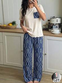 女童碎花针织象牙色和藏蓝色短袖上衣和裤子休闲家居服套装，春夏款 - 藍色 - 查看 1
