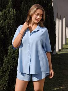 Juhart Bộ 2 món áo sơ mi cổ bẻ và quần short nữ cỡ lớn, thích hợp cho hoạt động ngoài trời mùa xuân/hè. - Màu xanh lam - Xem 3