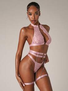 SHEIN BAE Floral Lace Ring Linked Garter Lingerie Set With 1pair Leg Ring - Baby Pink - View 5