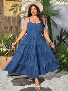 SHEIN LUNE Plus Size Women's Washed Denim Strap Dress, Spring/Summer - Medium Wash - View 5