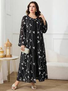 Al Najma Đầm dài tay họa tiết cây cỏ cỡ lớn dành cho nữ, kiểu dáng Ả Rập, 2 trong 1. - màu đen - Xem 5