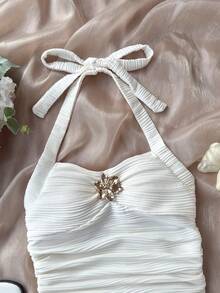 SHEIN 少女休闲日常时尚度假露背吊带背心，杏色纹理面料，正面中央饰有 - 杏色 - 查看 5