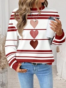 SHEIN LUNE Casual Minimalist Red Heart Pattern Round Neck Loose Fit Women Sweatshirt - Multicolor - View 4