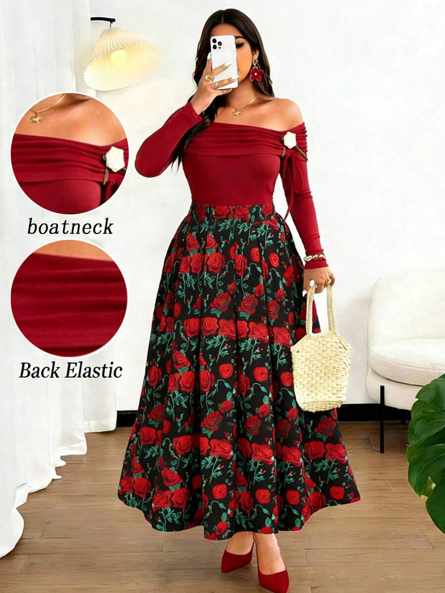 Elenzga Set de 2 piese pentru femei, mărime plus, elegant, cu top cu mânecă lungă, fără umeri, și fustă midi cu imprimeu floral - roșu - Vizualizare 1