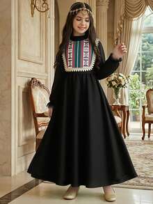 Đầm dài tay in họa tiết viền vàng dành cho bé gái tuổi teen, thích hợp mặc hàng ngày ngoài trời vào mùa xuân và mùa thu. - màu đen - Xem 3