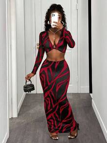 BamGleam 女士时尚街头风印花露脐上衣和半身裙两件套，秋季 - 酒紅色 - 查看 7