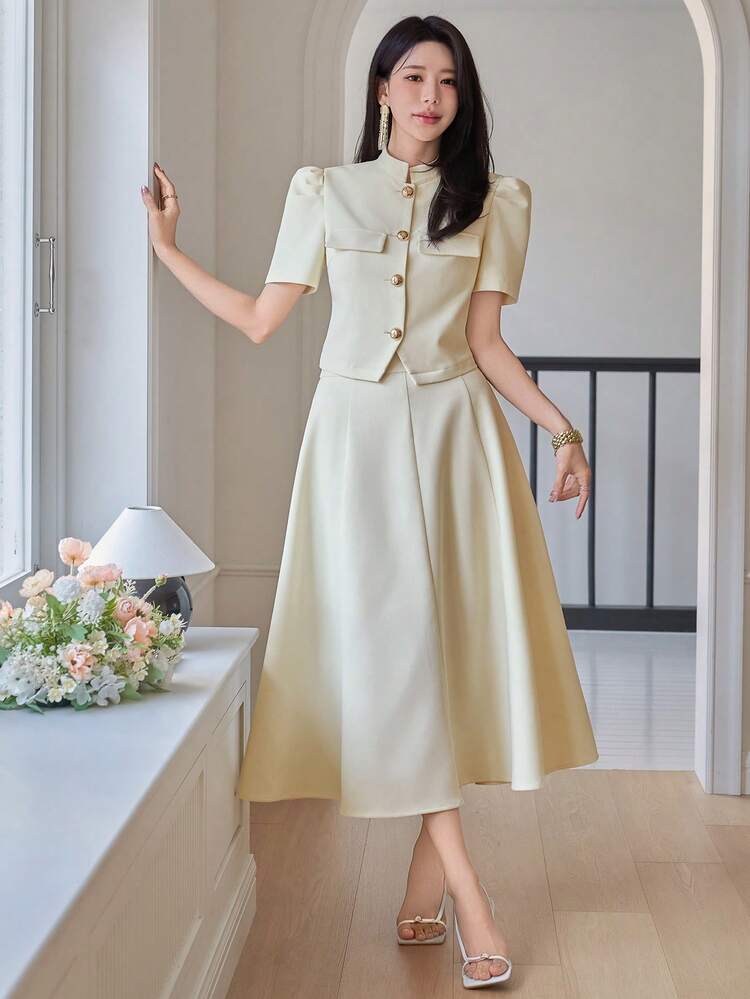 Women's Elegant Solid Color Stand Collar Puff Sleeve Faux Pocket Shirt & Skirt 2-Piece Set, Spring/Summer,Wedding Guest Dress Women