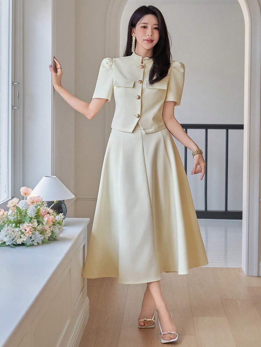 DAZY 女士优雅纯色立领泡泡袖假口袋衬衫半裙两件套，春夏婚礼宾客礼服 - 黃色 - 查看 1