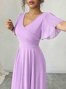 Elenzga Carnival Purple Ruffle Sleeve V-Neck A-Line Dress, Elegant & Romantic - Mauve Purple - View 5