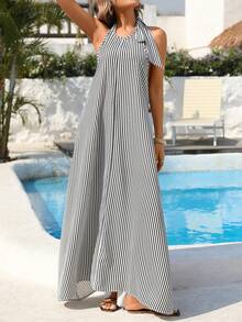 SHEIN Holidaya Women's Drawstring Tie Sleeveless Striped Asymmetrical Hem Dress - Black and White - View 4