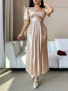 DAZY 女士优雅V领褶裥中长连衣裙，银色金属光泽，夏季 - 杏色 - 查看 5