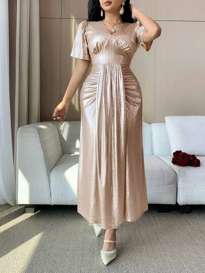 DAZY Women's Elegant V-Neck Pleated Midi Dress, Silver Metallic, Summer