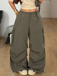 Coolane 女士加大码春夏街头风男友风休闲运动装复古西部风Y2K低腰降落伞军绿色工装裤 - 軍綠色 - 查看 6