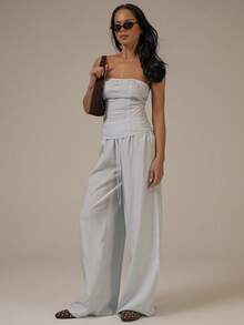 MUSERA Stripe Tie Elasticated Waist Wide Leg Trousers Spring Summer Cute Cosy Cottage Core Spring Dew - Blue and White - View 2