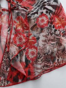 INAWLY Women's Vacation Leopard Floral Print Patchwork Ruffle Tie Front Halter Top - Multicolor - View 6