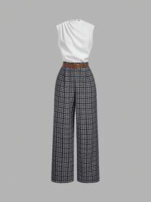 SHEIN MOD Women's Elegant Sleeveless Houndstooth Pleated Wide Leg Jumpsuit - Black and White - View 1