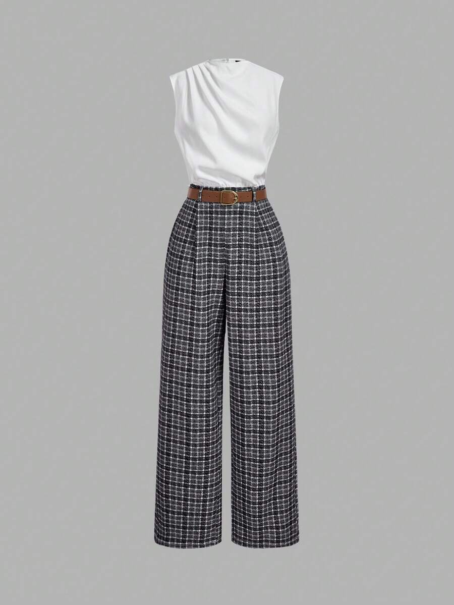 SHEIN MOD Women's Elegant Sleeveless Houndstooth Pleated Wide Leg Jumpsuit - Black and White - View 1