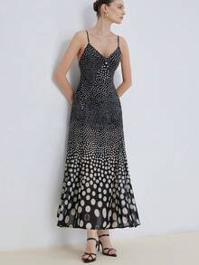 Aveloria Modichic 优雅通勤设计渐变撞色波点复古印花性感吊带腰部喇叭连衣裙，女士款 - 彩色 - 查看 3