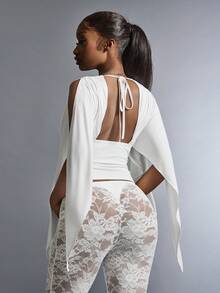 Amplova Women's Deep V-Neck Backless Loose Fit T-Shirt, Suitable For Early Spring - White - View 2