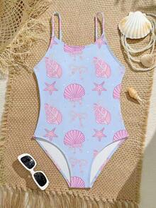 Blue Background Pink Shell Print Girls Elastic Woven One-Piece Swimsuit, Beach Vacation - Multicolor - View 3