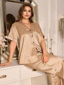 MuseNap CURVE Bộ đồ ngủ tay ngắn, dáng rộng, họa tiết da báo, cổ chữ V, cỡ lớn. - Rượu sâm banh - Xem 4