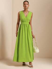 SHEIN Veneréa Women's Sleeveless Shirred Waist Gathered A-Line Dress - Green - View 4