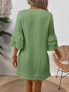 EMERY ROSE Women Fashionable Notched V-Neck Dress With Colored Pom-Pom Decoration Vacation Beach Outfit - Mint Green - View 2