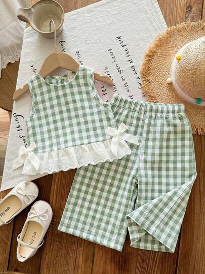 LMoss Kids 女婴田园风蝴蝶装饰背心和裤子T恤套装，夏季