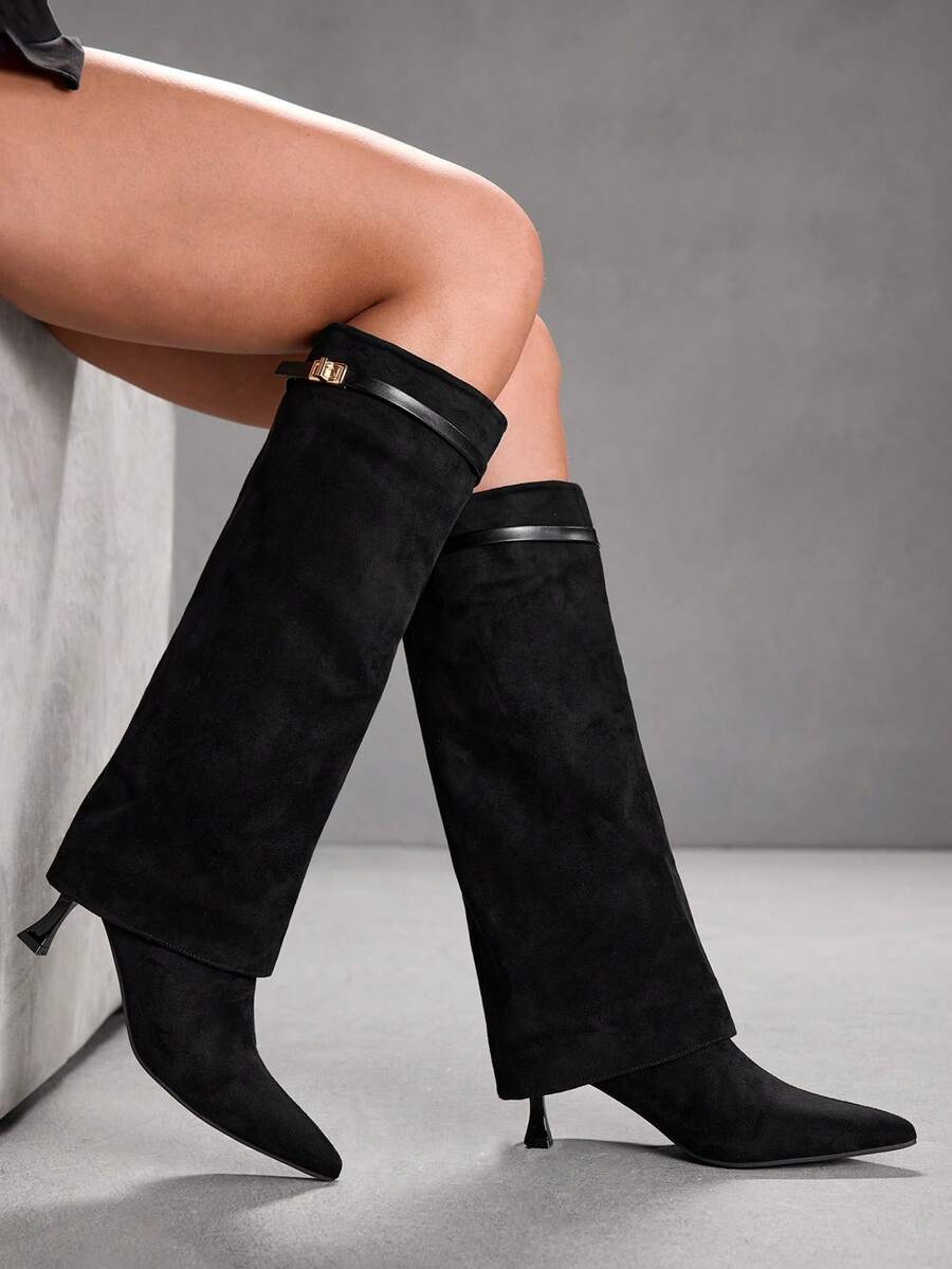 CUCCOO SZL Women's Pointed Toe Buckle Design Fashion High Heel Over-The-Knee Boots Valentine's Day - Black - View 1