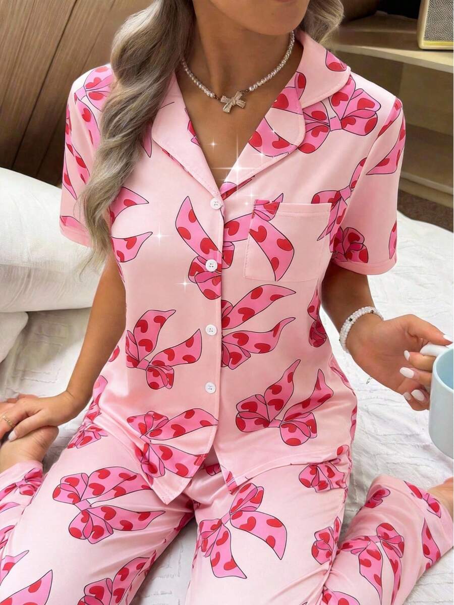 2pcs/Set Girls' Cute Pink Heart & Bow Print Short Sleeve Top And Wide Leg Pants Pajama Set,Collared Button-Up Shirt,Summer Sleep Casual Homewear - Multicolor - View 1