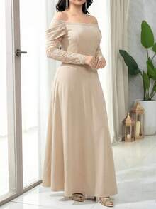 Feyla Vestido de unicolor con parches de encaje y hombros descubiertos, elegante para mujer - Albaricoque - Ver 5