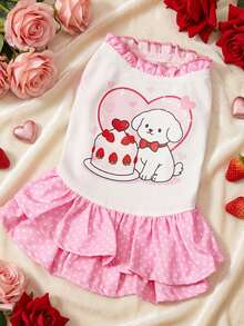 PETSIN Cute Puppy Cake Print Pet Dress - Pink Polka Dot Ruffled Skirt Dog Dress, Darling Graphic Cat Summer Outfit With Elastic Neck - powder - View 1