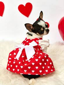 PETSIN 红色爱心印花宠物连衣裙，配白色蝴蝶结和翅膀褶边——可爱的情人节狗狗服装，适合小型犬和猫咪的夏季公主裙 - 紅色 - 查看 8