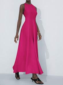 Aveloria Modichic Elegant Round Neck Sleeveless Oblique Shoulder Cinched Waist Exaggerated Pleated Ruffle Maxi A-Line Dress For Women - Hot Pink - View 3