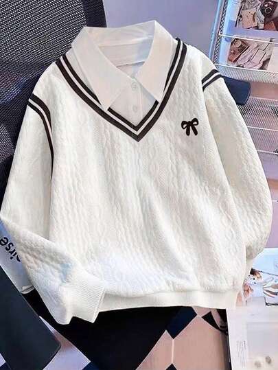 Resyla Women's Jacquard Knit Collared Casual Sweatshirt, Sporty College Style