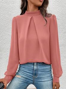 EMERY ROSE Women's Casual Everyday Commute Solid Color Stand Collar Lantern Sleeve Loose Top, Spring/Autumn - Red - View 6