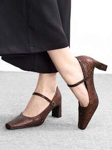 CUCCOO BIZCHIC Women's Fashion Snake Skin Square Toe Buckle Office Commute Strap High Heel Pumps, Spring/Autumn Valentine's Day - Redwood - View 3