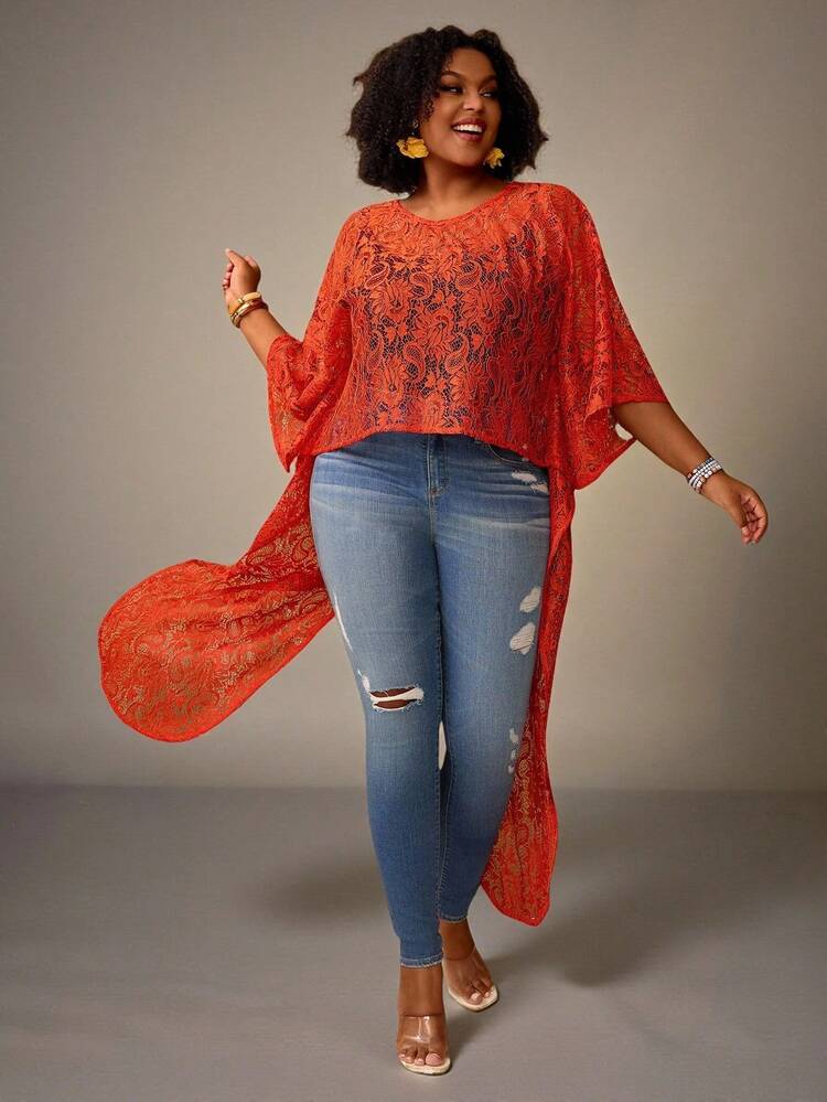 Top da Moda de Renda Arredondada com Bainha Alta e Baixa para Mulheres Plus Size, Top Poncho para Férias/Verão/Primavera, Férias de Praia para Mulheres