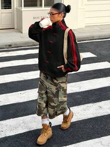 Muchica 女士休闲条纹拼接纽扣立领轻薄外套，秋季款 - 黑色 - 查看 5