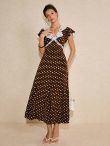 Poéselle 女士休闲波点撞色蕾丝夏季连衣裙 - 棕色 - 查看 5