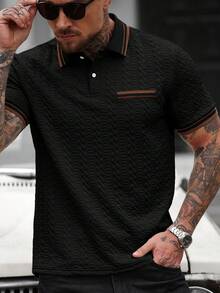 Manfinity CasualCool 男士夏季休闲商务通勤纹理面料撞色条纹包边短袖Polo衫 - 黑色 - 查看 3