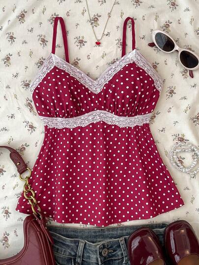 SHEIN Burgundy & White Polka Dot Lace Camisole For Teen Girls Elegant White Lace Trim Camisole, Suitable For Summer, Vacation, Casual, Home Wear, Bohemian Style
