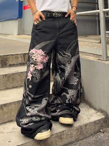 ROMWE MEN Anime Quần jeans nam dáng rộng, họa tiết hoa và rồng thêu. - màu đen - Xem 6