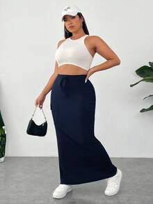 SHEIN EZwear 大码女式实用口袋休闲及膝半身裙，藏蓝色 - 藏蓝色 - 查看 3
