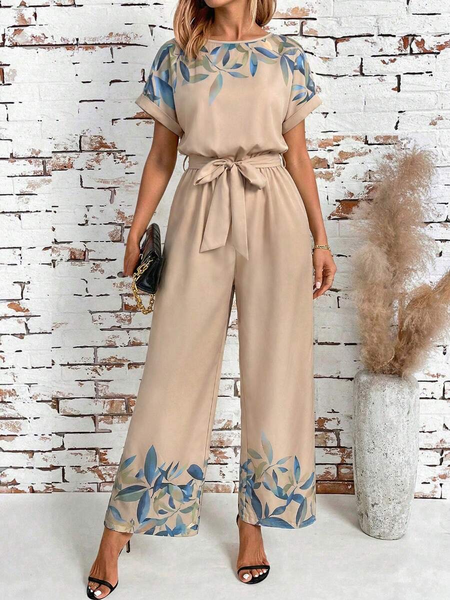 SHEIN Clasi 女士夏季印花休闲连体裤 女士夏季服装 - 卡其色 - 查看 1