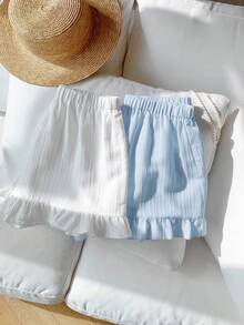 Comfortcana 2件套夏季休闲度假荷叶边宽松短裤 - 淺藍色 - 查看 7