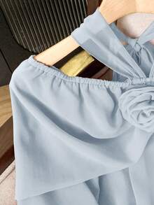 Seusyu 1pc Women Off Shoulder Tie-Neck Floral Embroidery Long Sleeve Blouse - Baby Blue - View 3