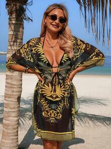 Swim Lushoire 1件装女士中东宫廷风格金色图案印花连体抽绳长袍 - 黑色 - 查看 3